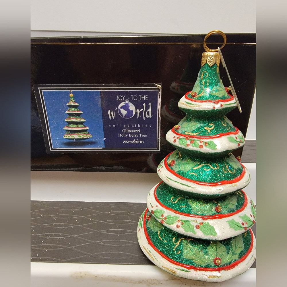 Joy To The World Glitterazzi Holly Berry Tree Polish Glass Christmas Ornament 5"